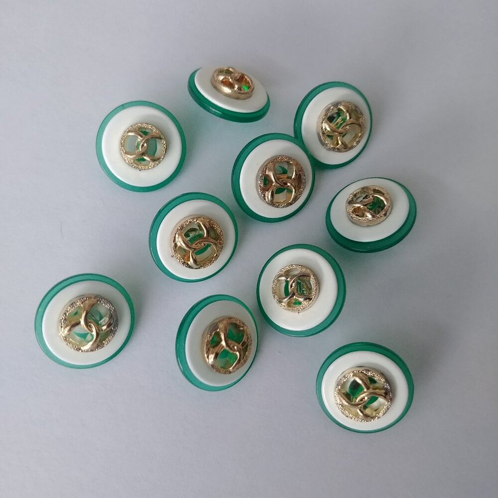 4/$20 Set of ten 10 kelly green white buttons with gold detail